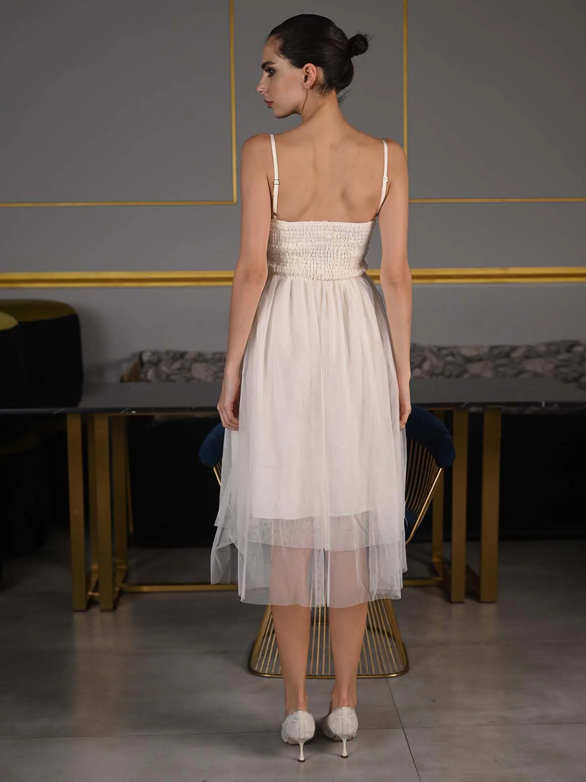 Odette Cream Lace Work Net Stitched Western Dress for Women - Image 4
