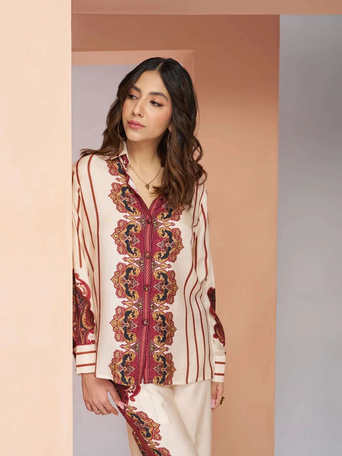 Odette Cream Linen Printed Stitched Co-Ord Set For Women - Image 4