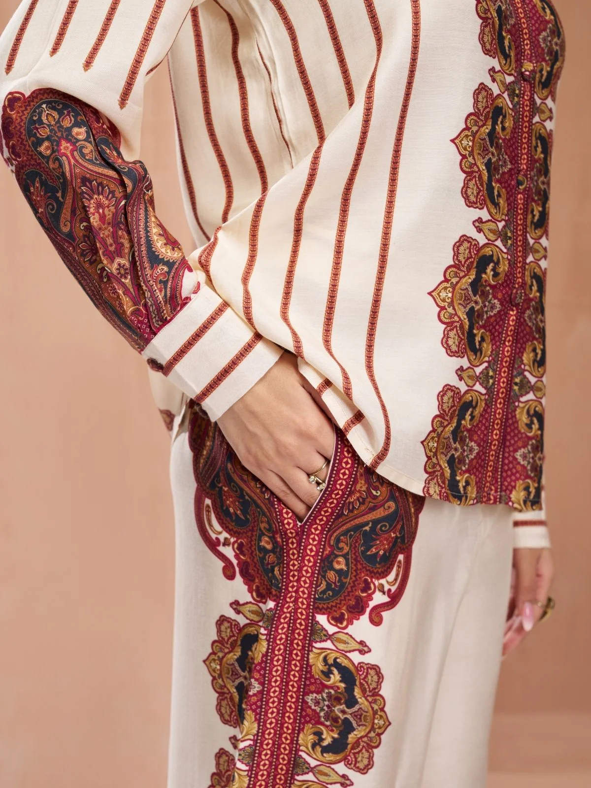 Odette Cream Linen Printed Stitched Co-Ord Set For Women - Image 6