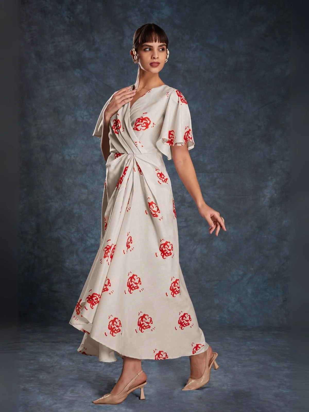 Odette Cream Linen Printed Stitched Dress For Women - Image 3