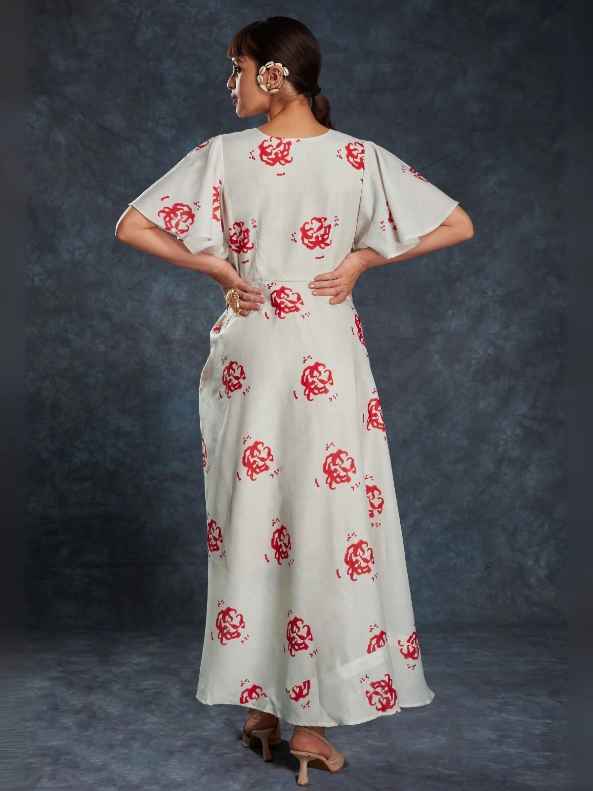 Odette Cream Linen Printed Stitched Dress For Women - Image 5