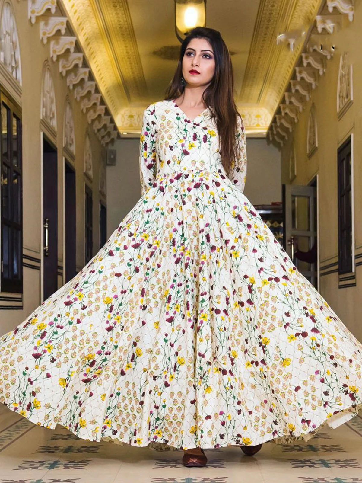 Odette Cream Muslin Printed Stitched Gown for Women - Image 2