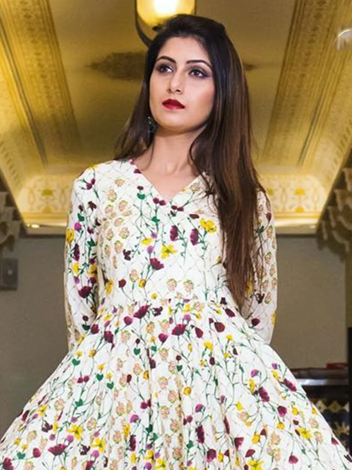 Odette Cream Muslin Printed Stitched Gown for Women - Image 3
