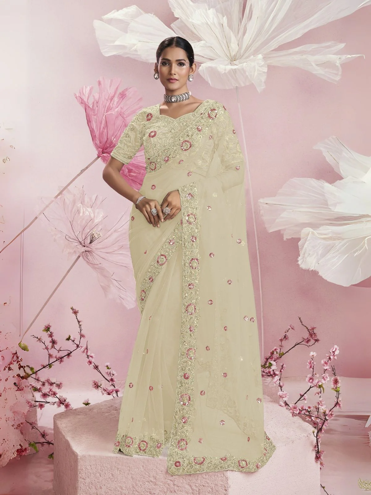 Odette Cream Net Embellished Elegant Saree For Women