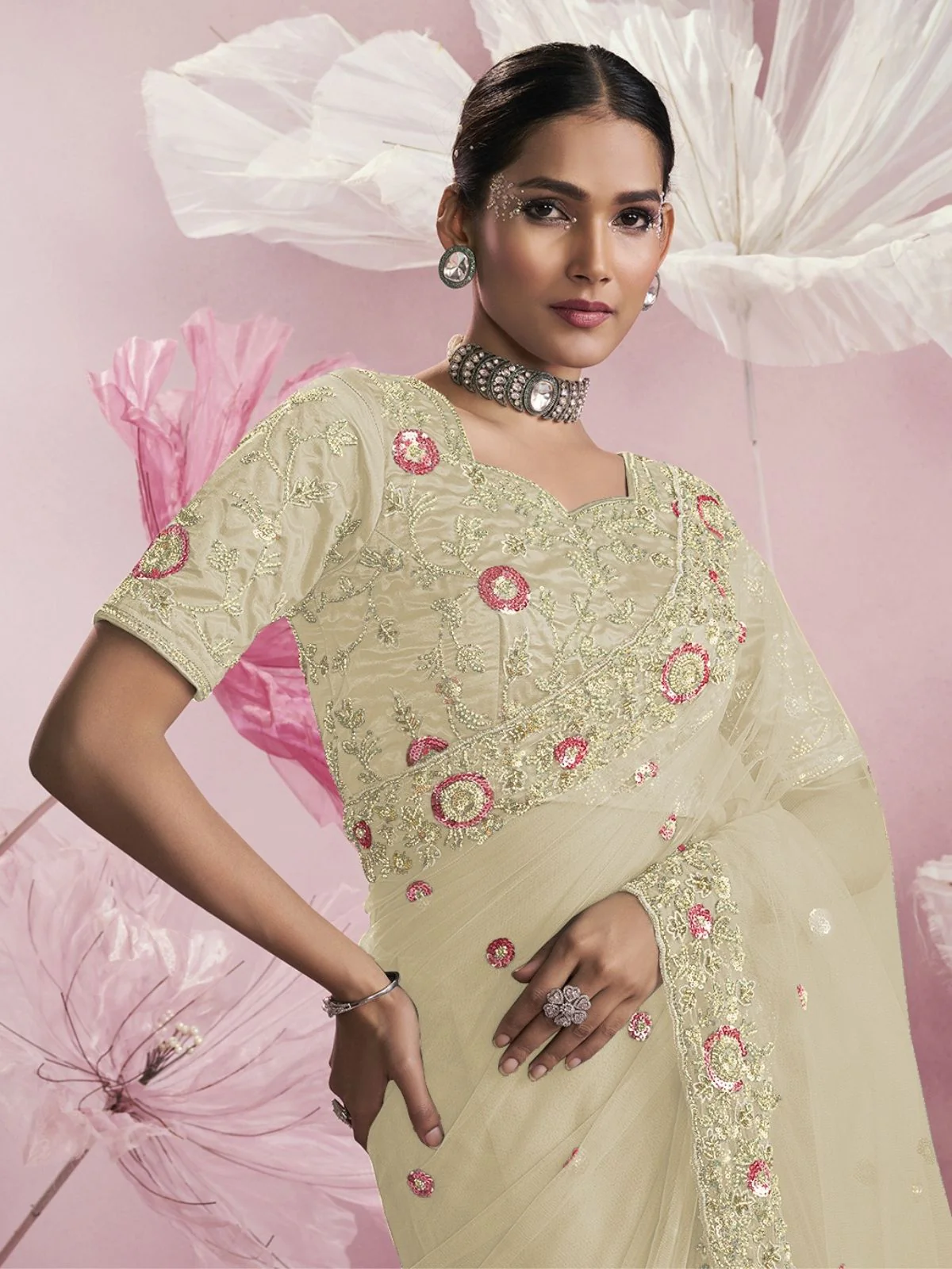 Odette Cream Net Embellished Elegant Saree For Women - Image 2