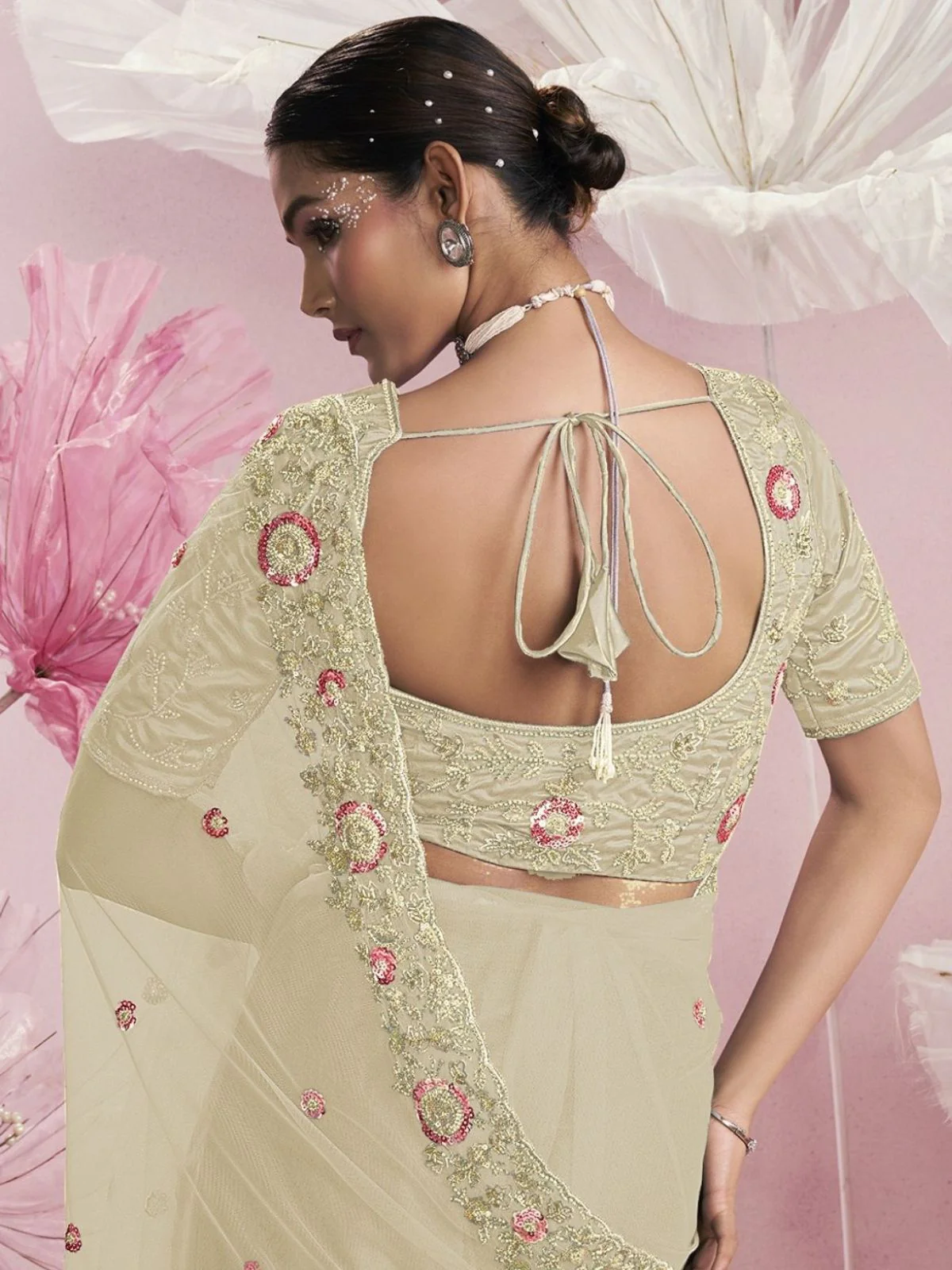 Odette Cream Net Embellished Elegant Saree For Women - Image 3
