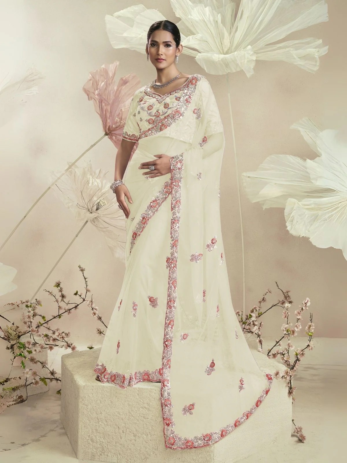 Odette Cream Net Embellished Elegant Saree For Women