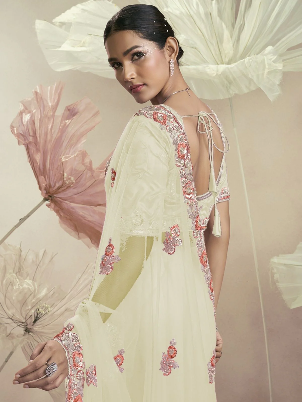Odette Cream Net Embellished Elegant Saree For Women - Image 2
