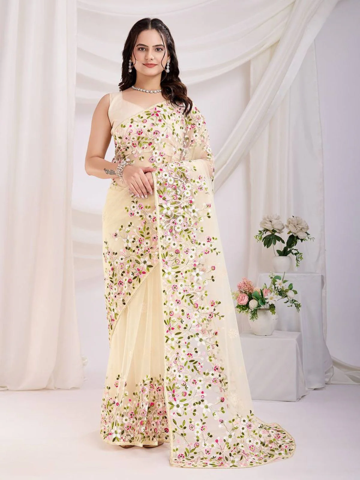 Odette Cream Net Embroidered Elegant Saree For Women