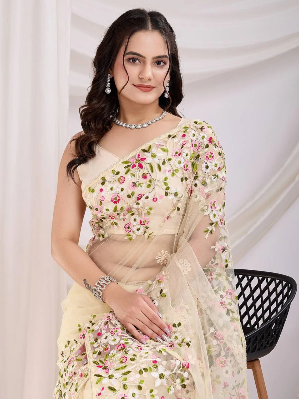 Odette Cream Net Embroidered Elegant Saree For Women - Image 2