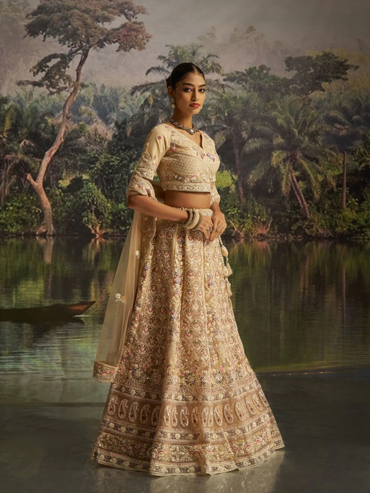 Odette Cream Net Embroidered Semi-Stitched Lehenga For Women - Image 3