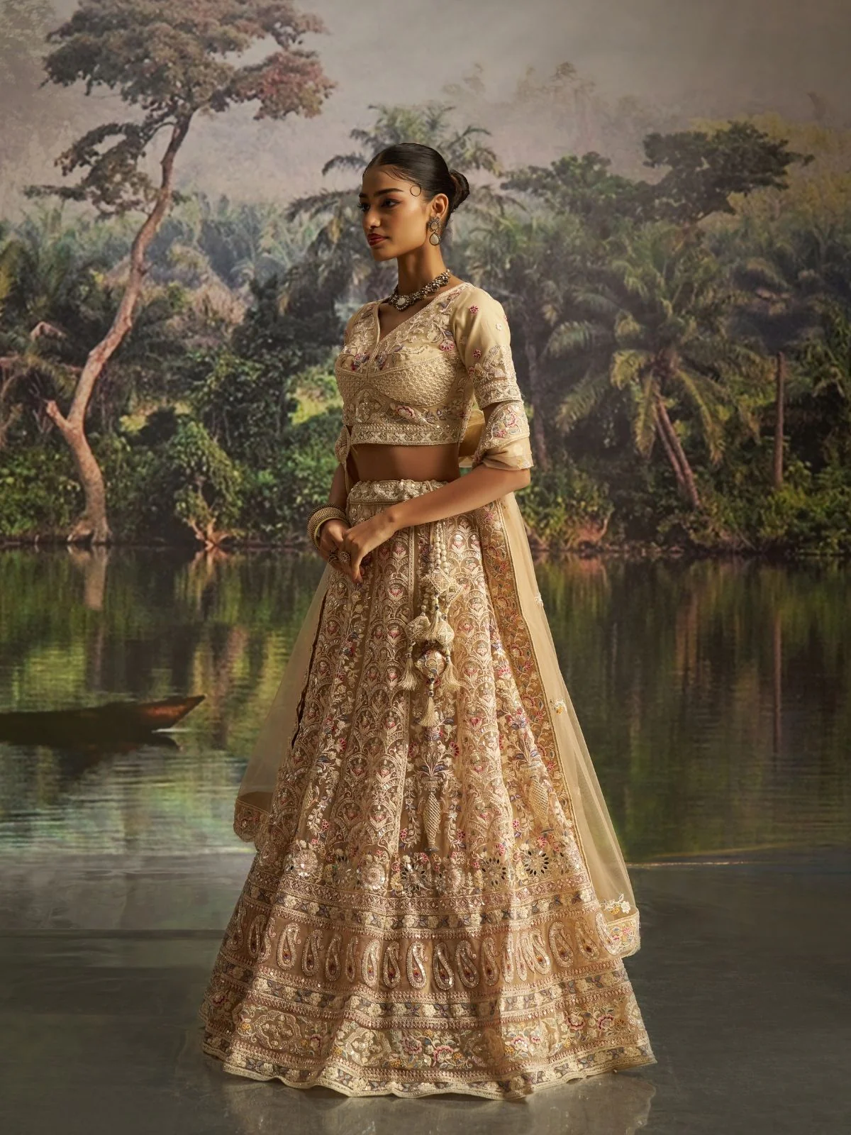Odette Cream Net Embroidered Semi-Stitched Lehenga For Women - Image 4