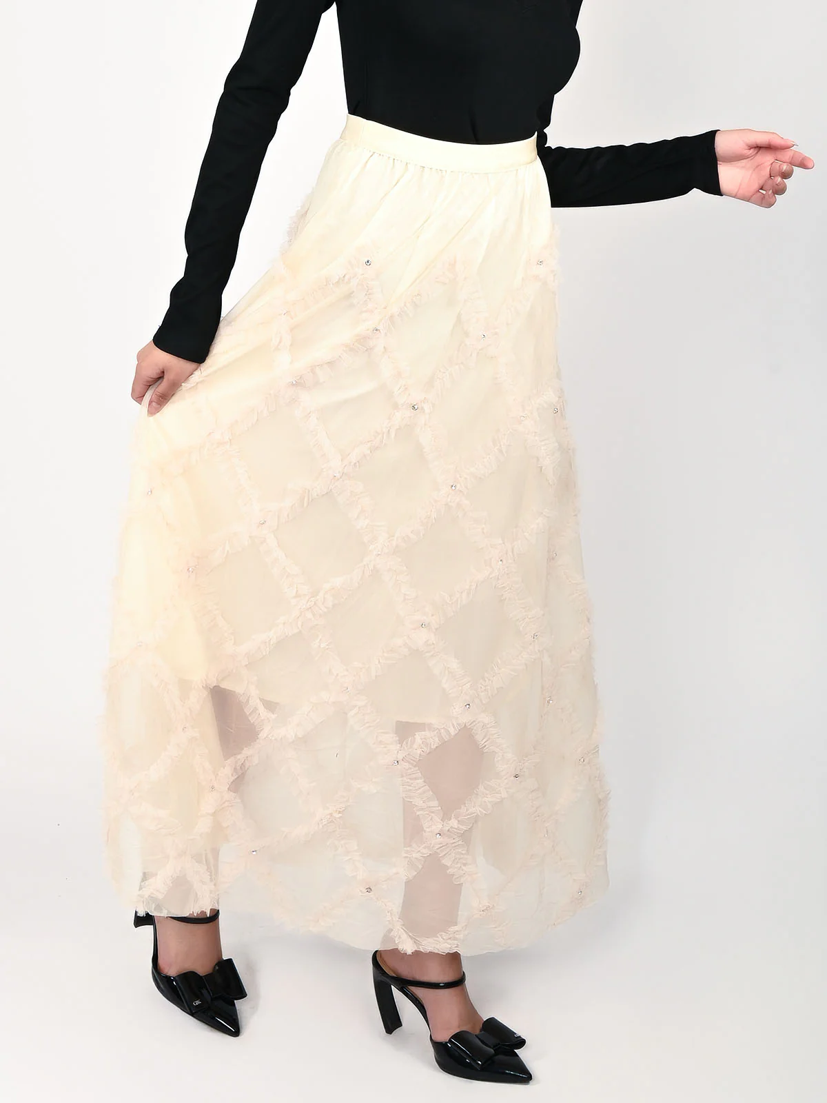Odette Cream Net Frill Work Skirt For Women - Image 2