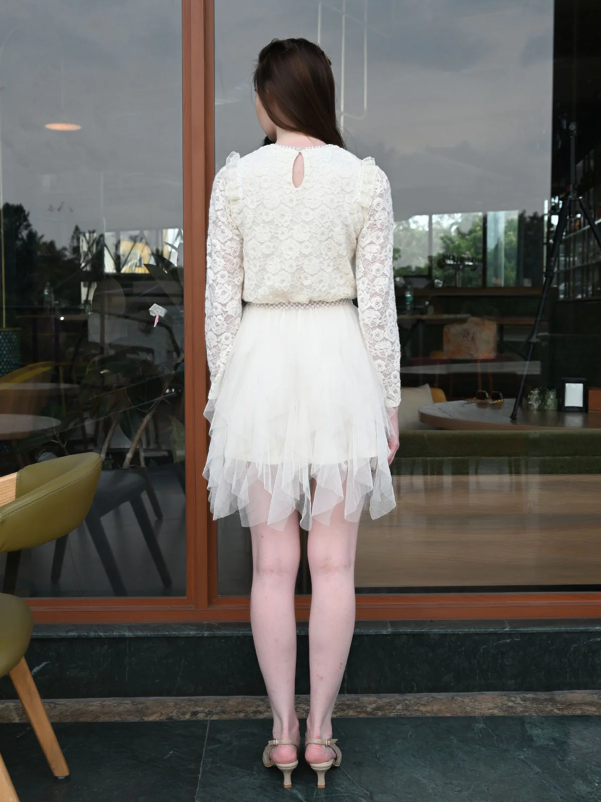 Odette Cream Net Self Design Dress For Women - Image 4