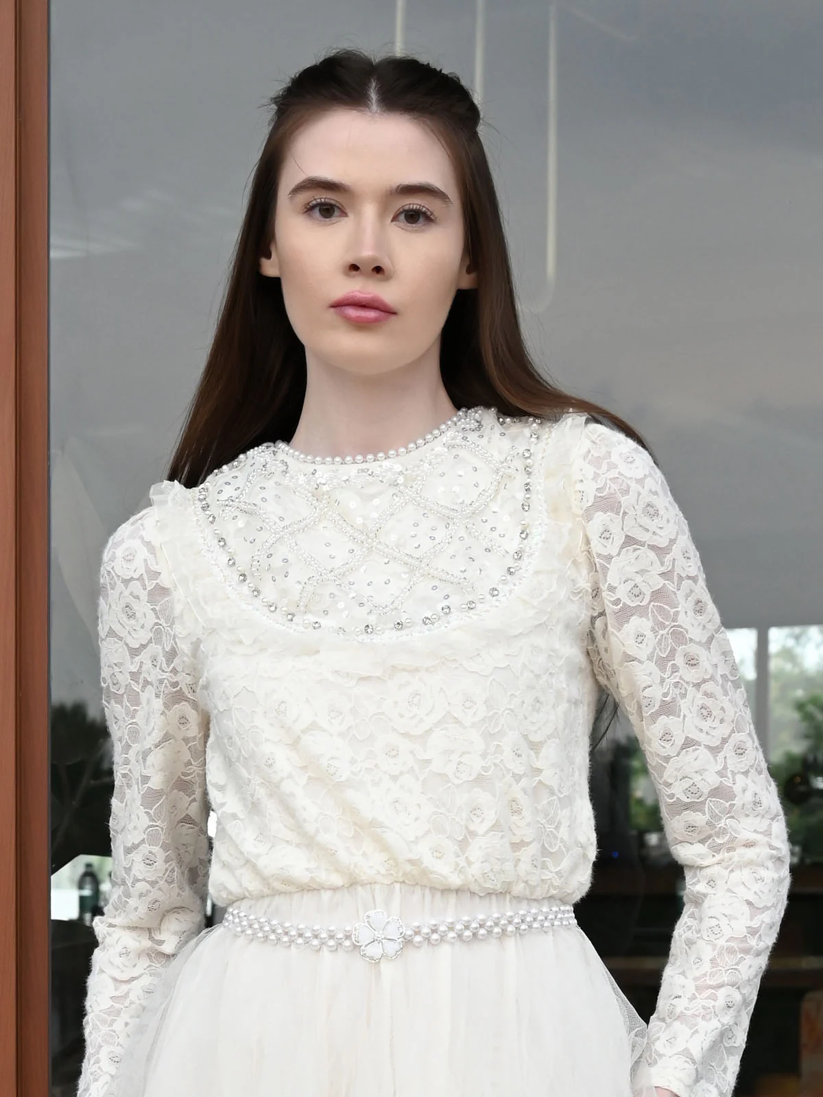 Odette Cream Net Self Design Dress For Women - Image 5