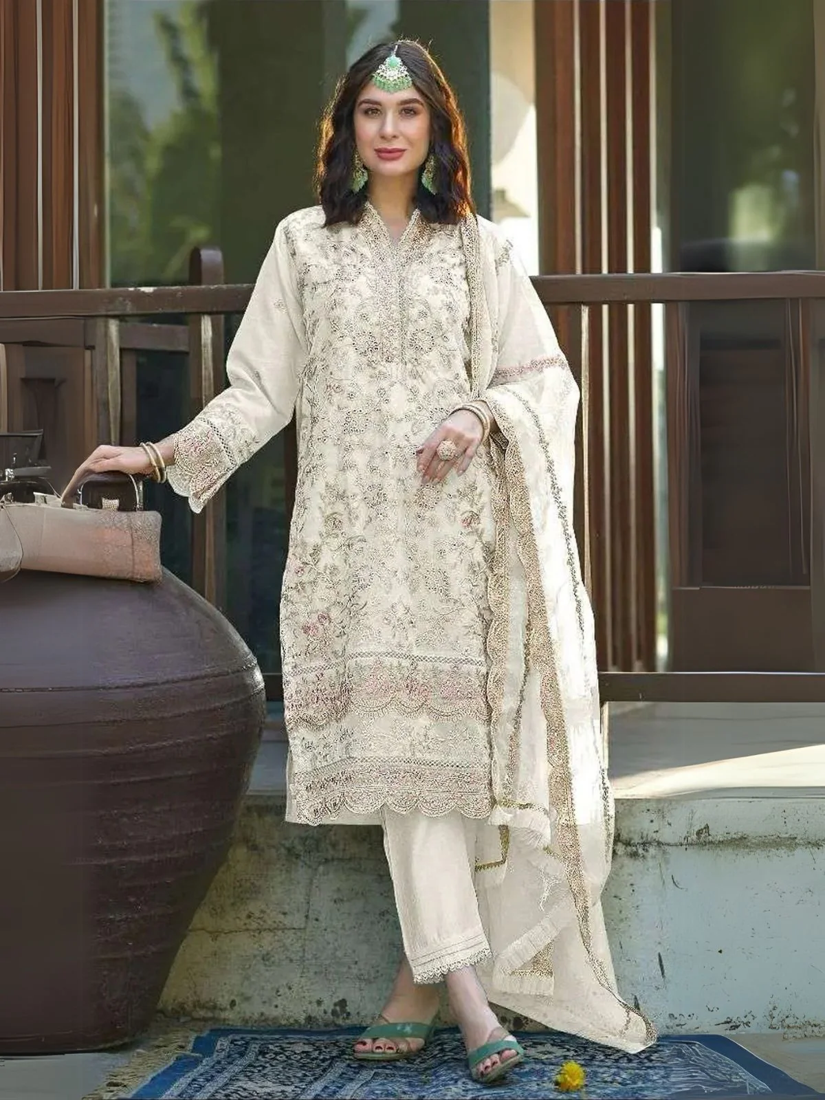 Odette Cream Organza Embroidered Semi-Stitched Kurta Set For Women