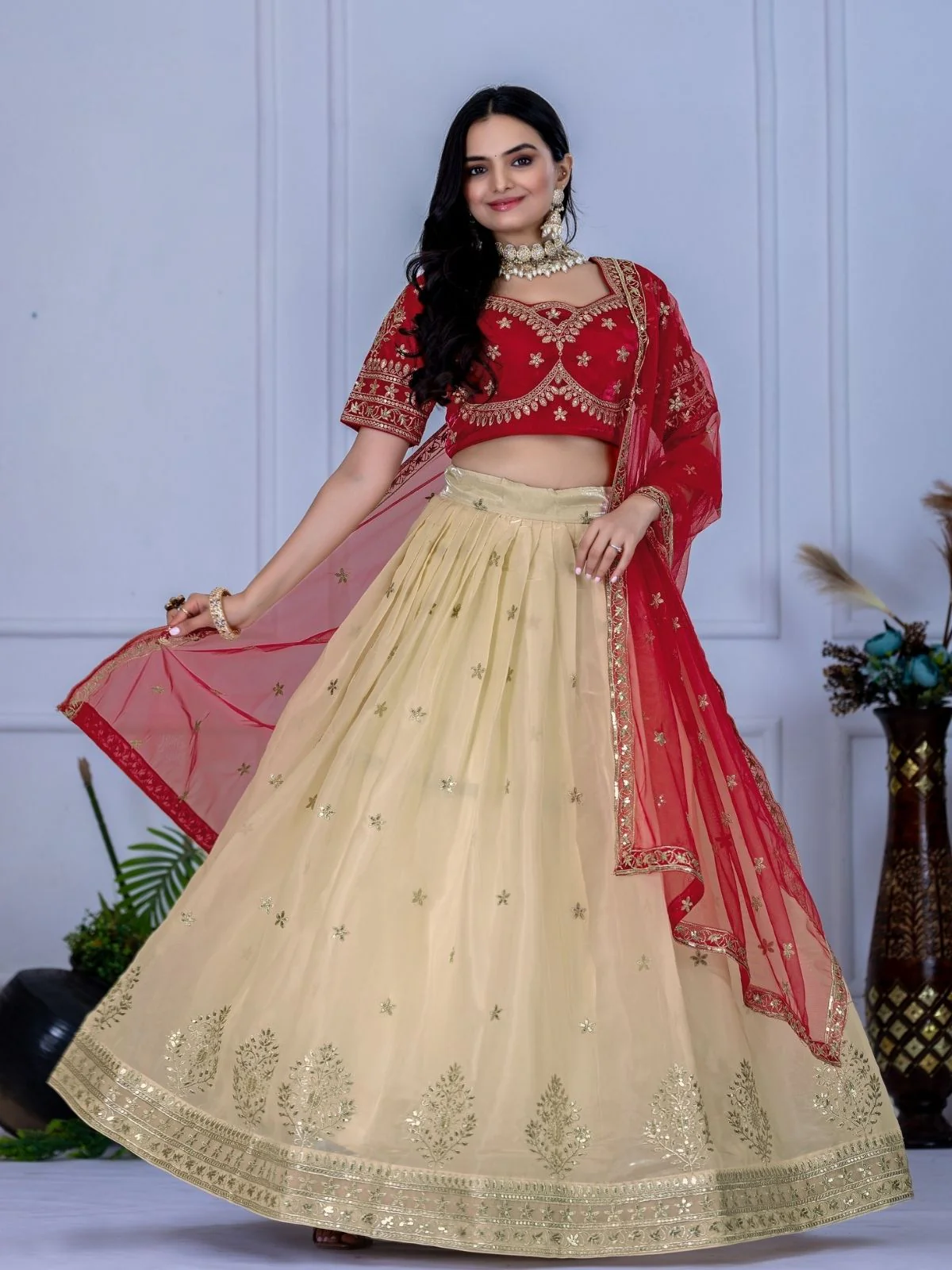 Odette Cream Organza Embroidered Semi-Stitched lehenga For Women