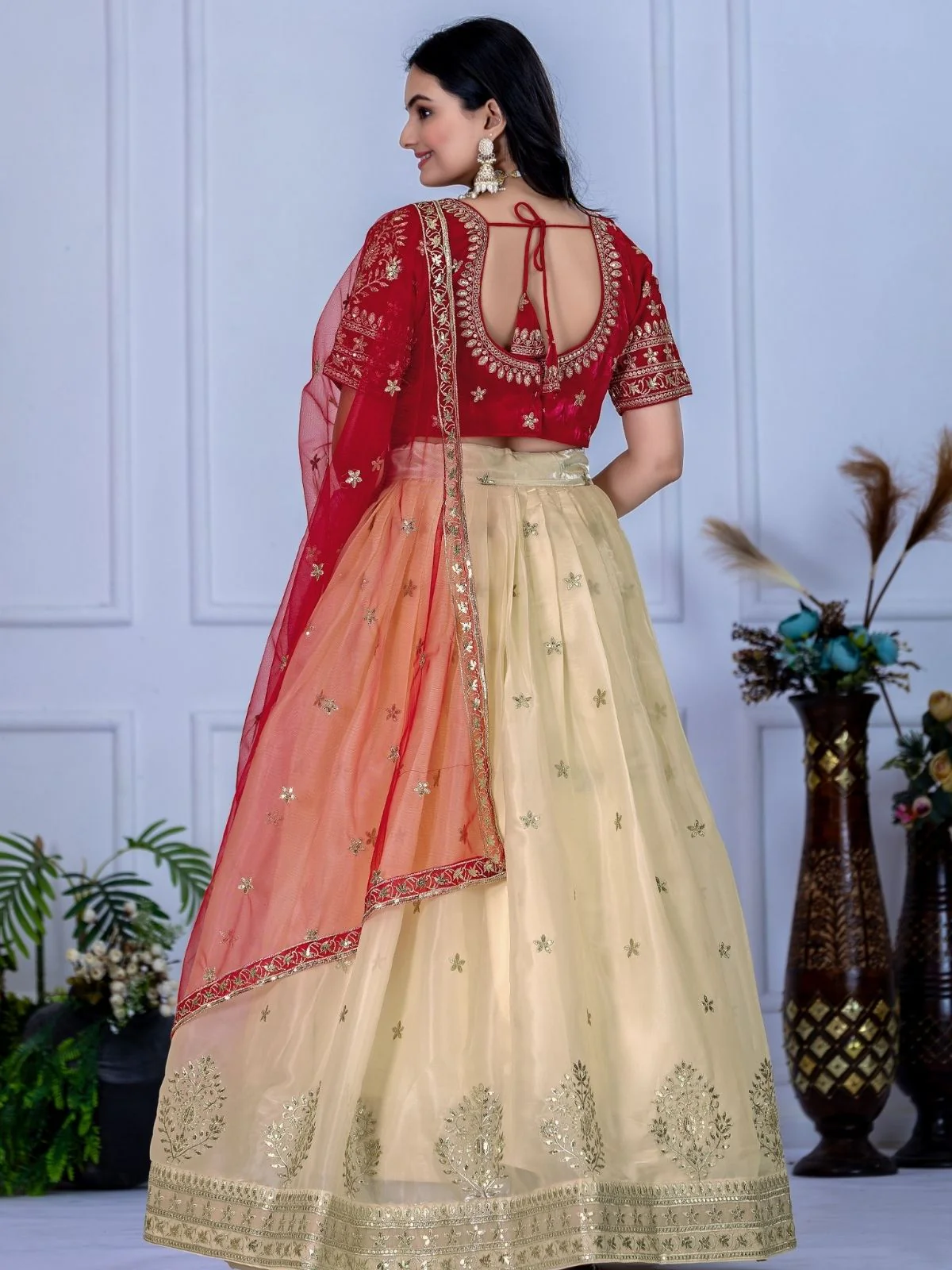 Odette Cream Organza Embroidered Semi-Stitched lehenga For Women - Image 3