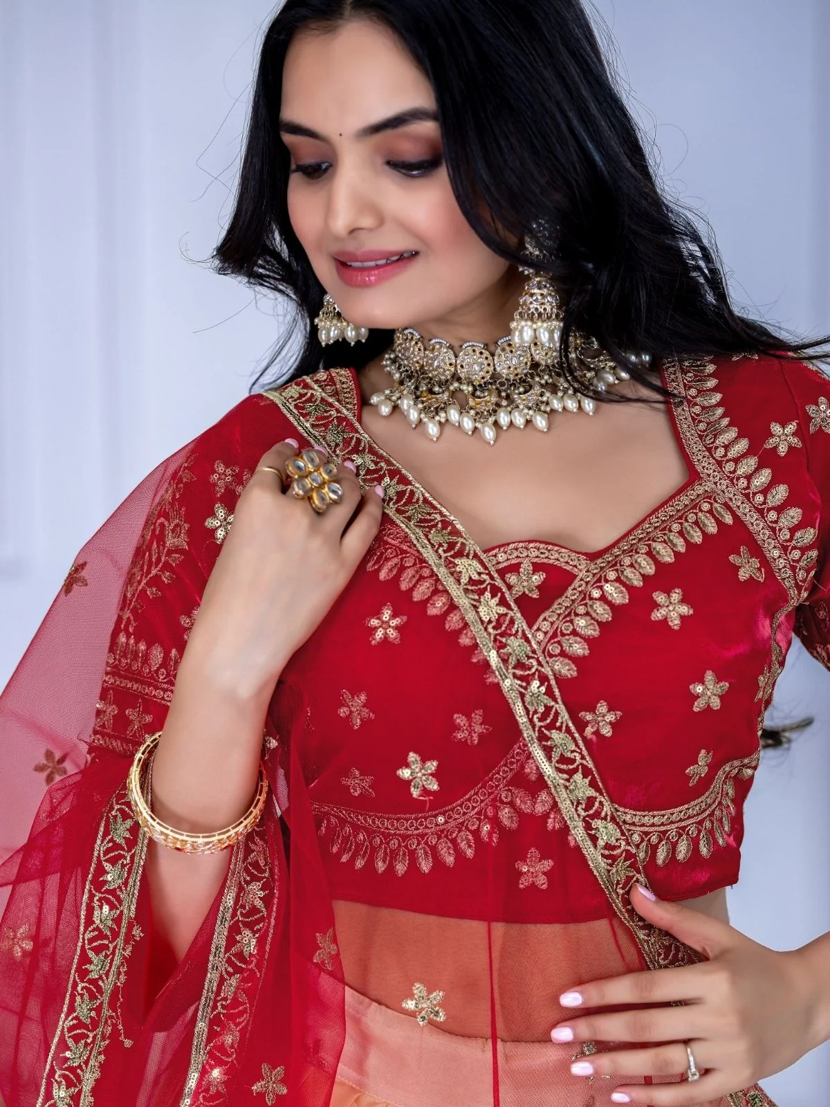 Odette Cream Organza Embroidered Semi-Stitched lehenga For Women - Image 4
