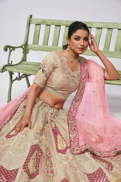 Odette Cream Organza Silk Embroidered Semi Stitched Lehenga With Unstitched Blouse For Women - Image 4