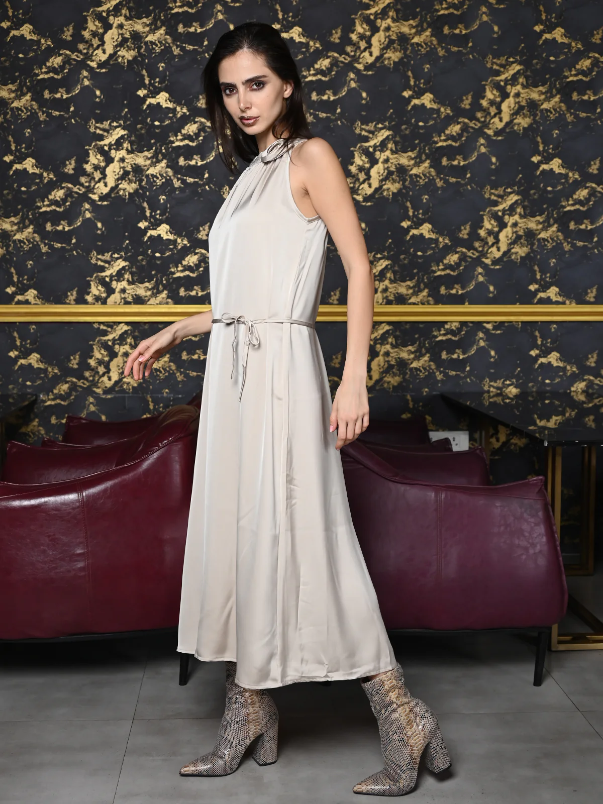 Odette Beige Polyester Satin Solid Western Dress For Women - Image 3