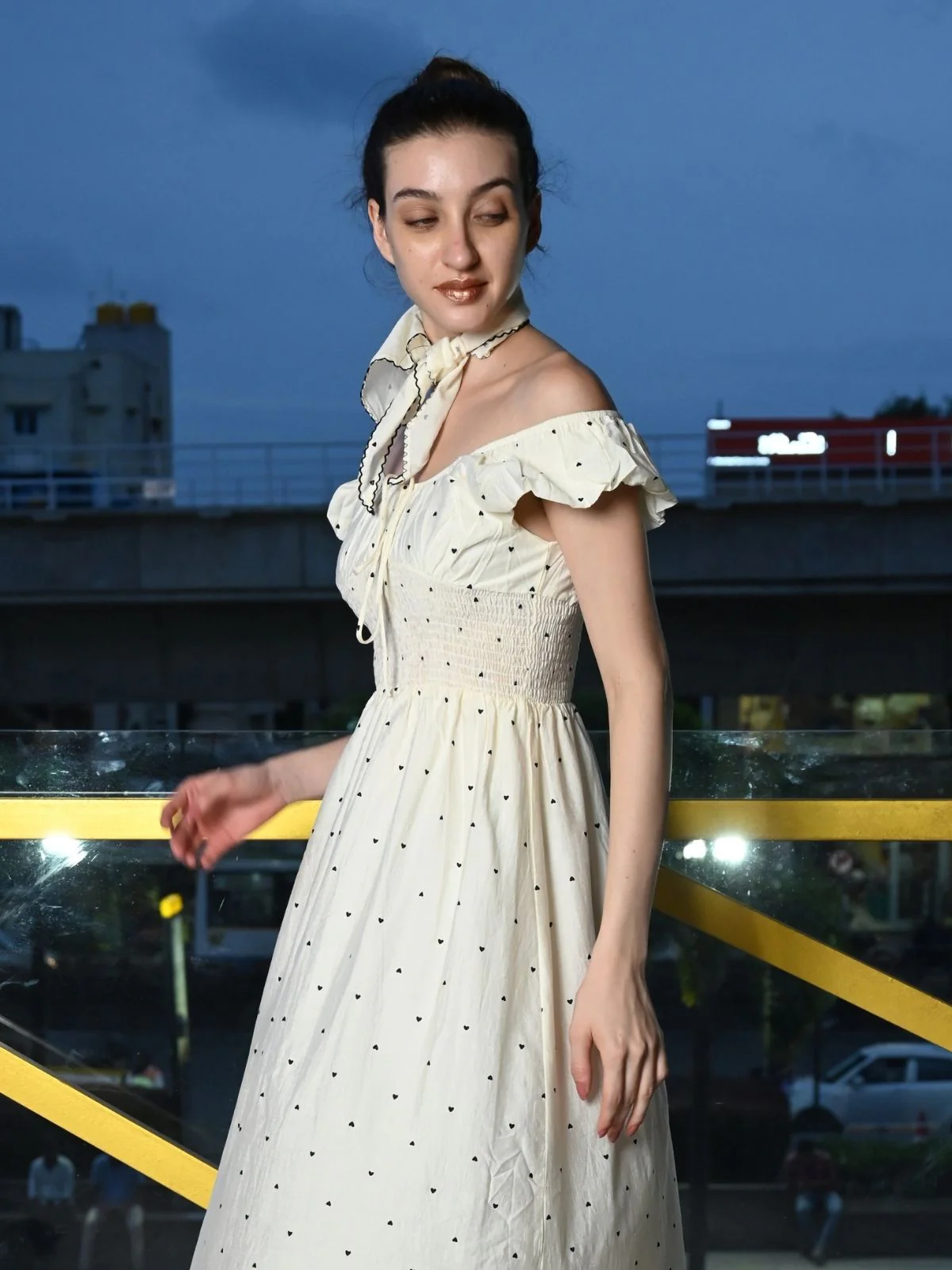 Odette Cream Cotton Printed Western Dress for Women - Image 3
