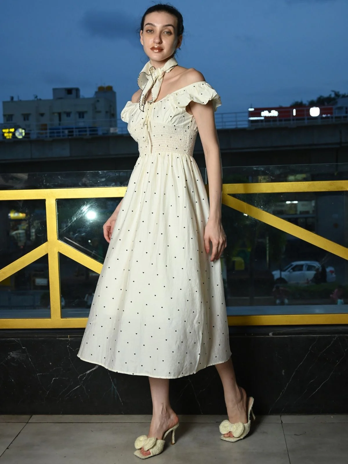 Odette Cream Cotton Printed Western Dress for Women - Image 4