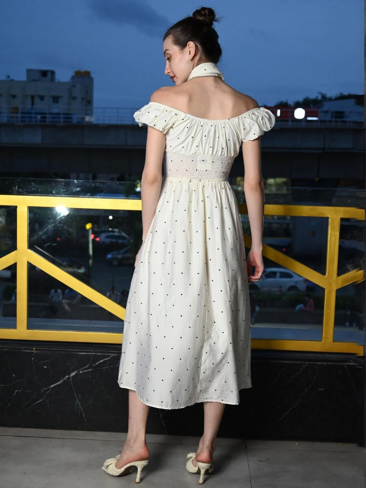 Odette Cream Cotton Printed Western Dress for Women - Image 5