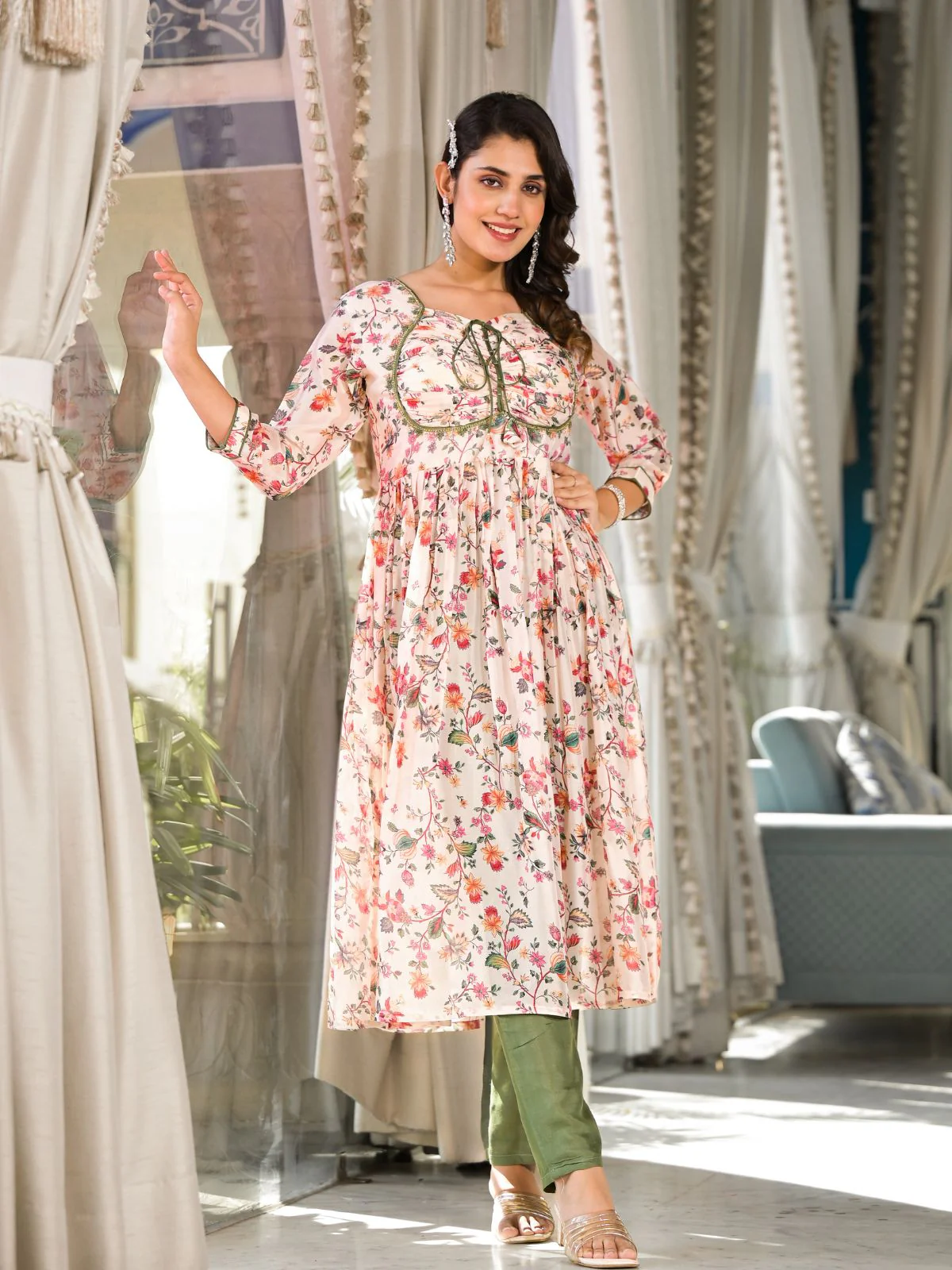 Odette Cream  Printed Georgette Stitched Kurta Set For Women - Image 3