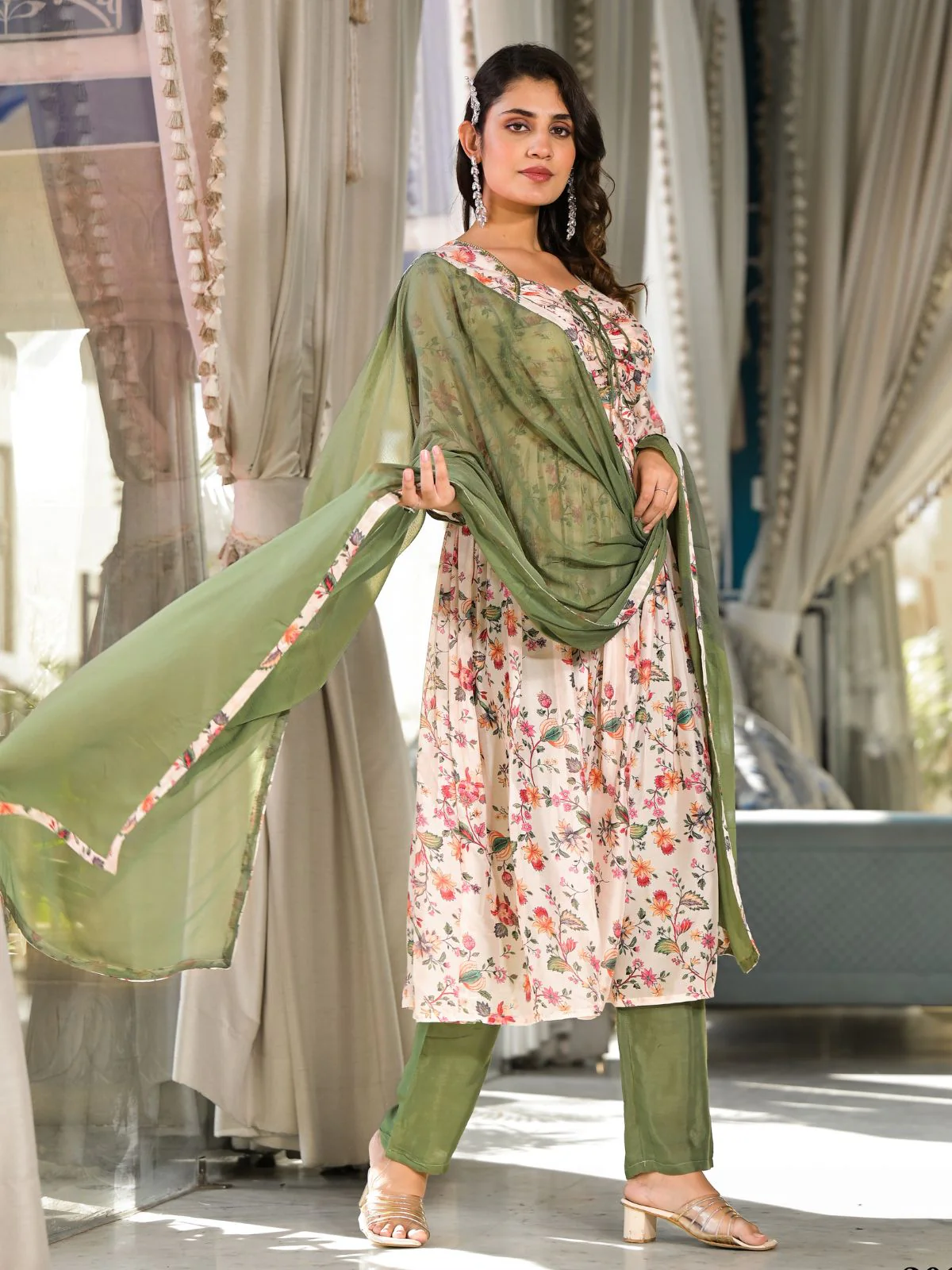 Odette Cream  Printed Georgette Stitched Kurta Set For Women - Image 4