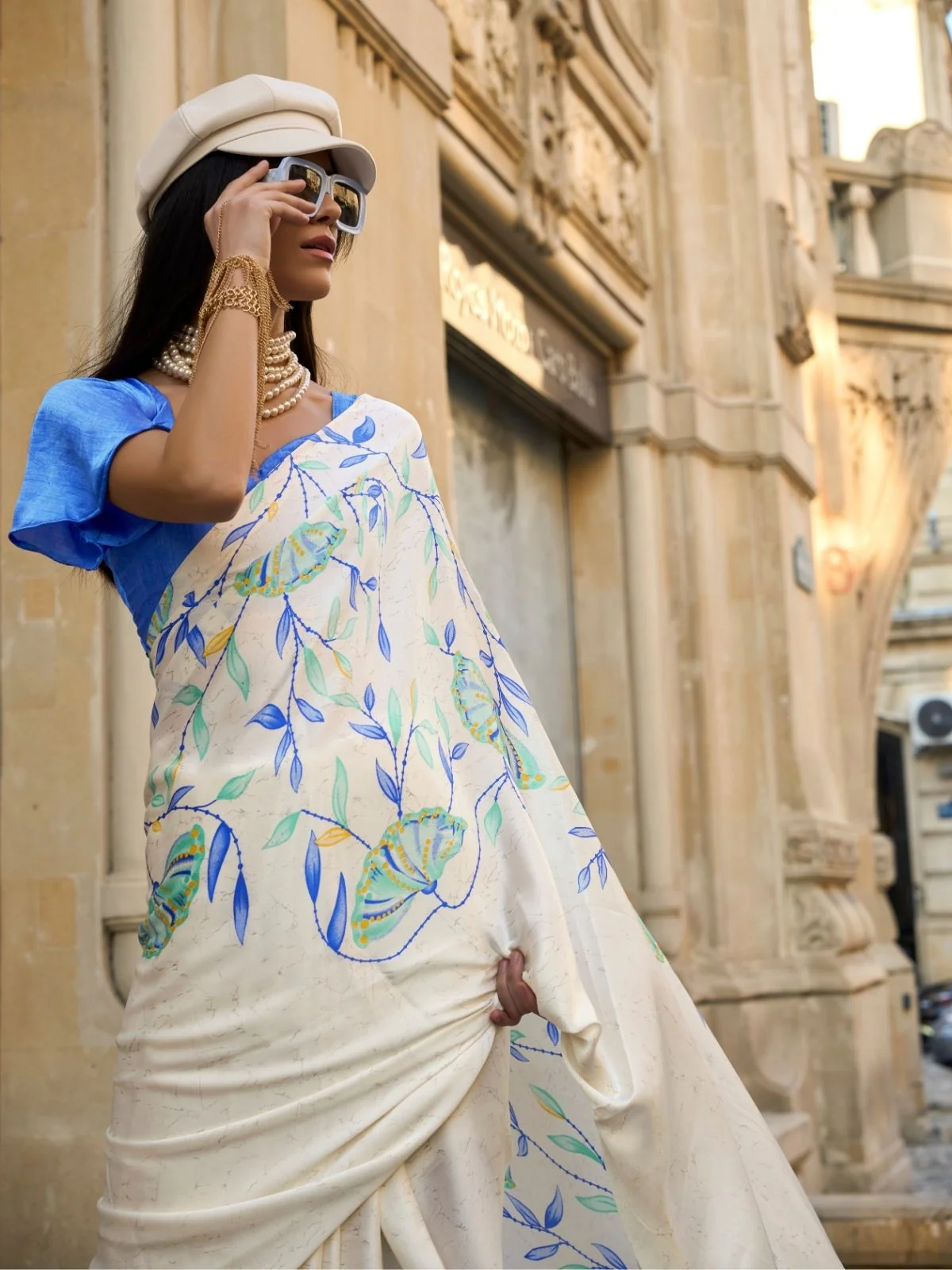 Odette Cream Satin Printed Saree With Unstitched Blouse For Women - Image 2