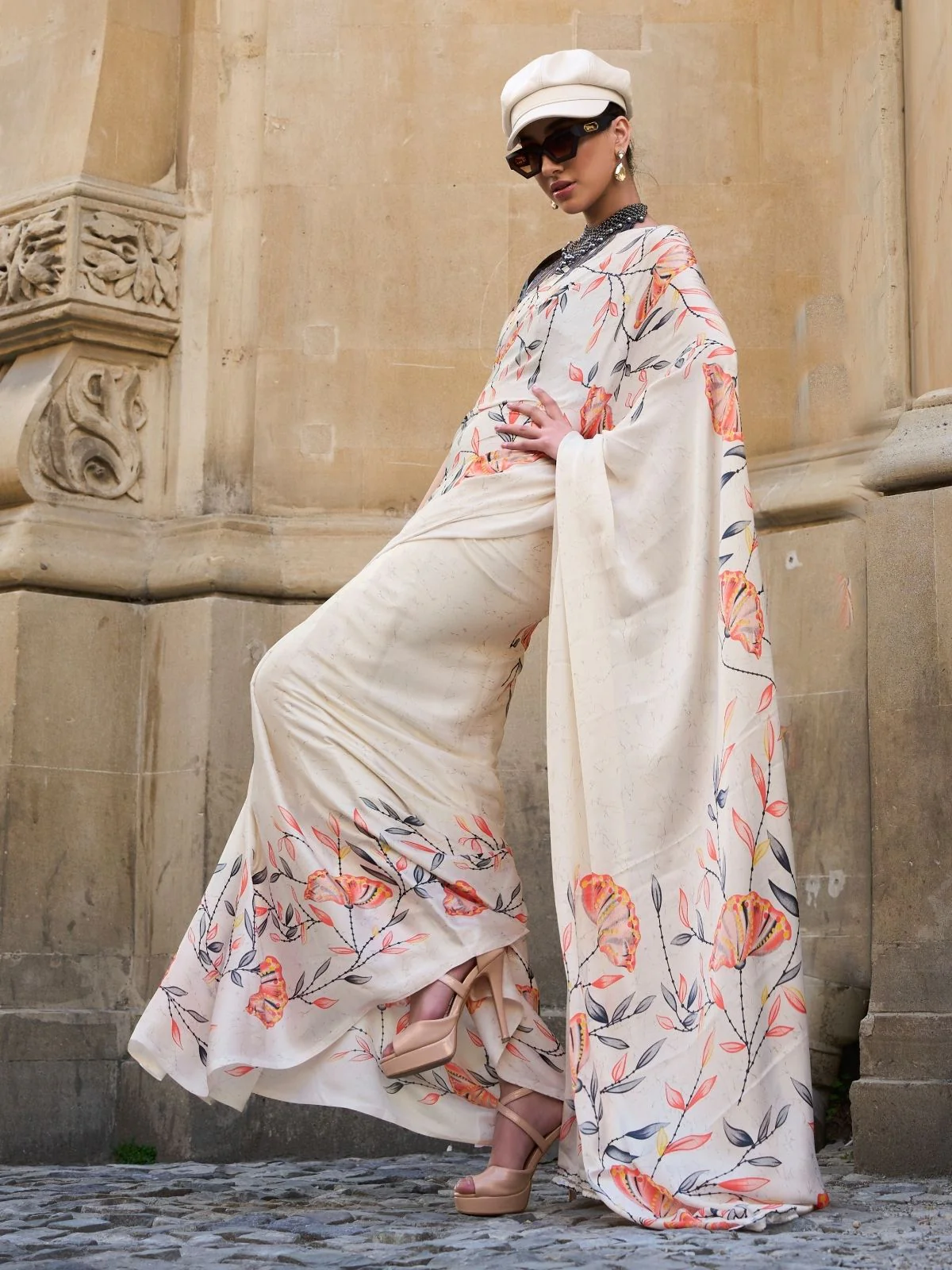 Odette Cream Satin Printed Saree With Unstitched Blouse For Women - Image 2