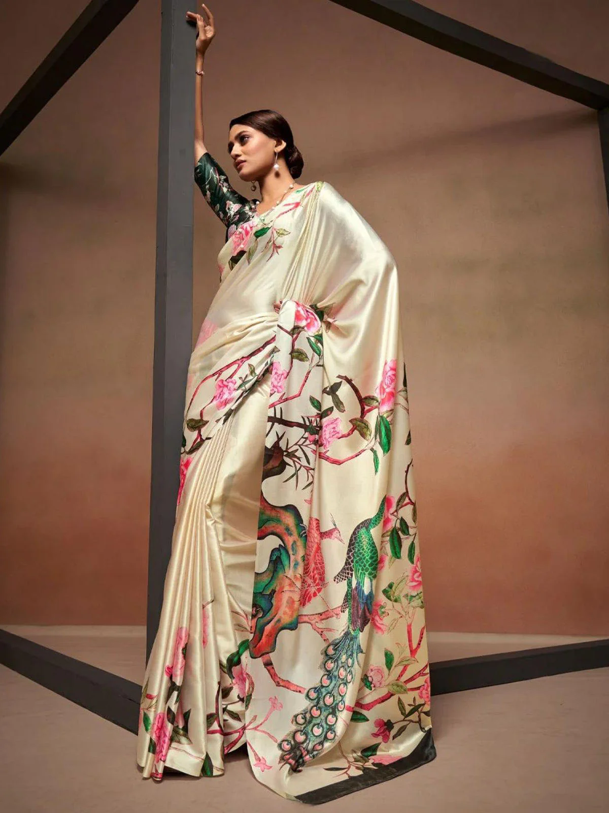 Odette Cream Satin Printed Saree With Unstitched Blouse For Women - Image 2