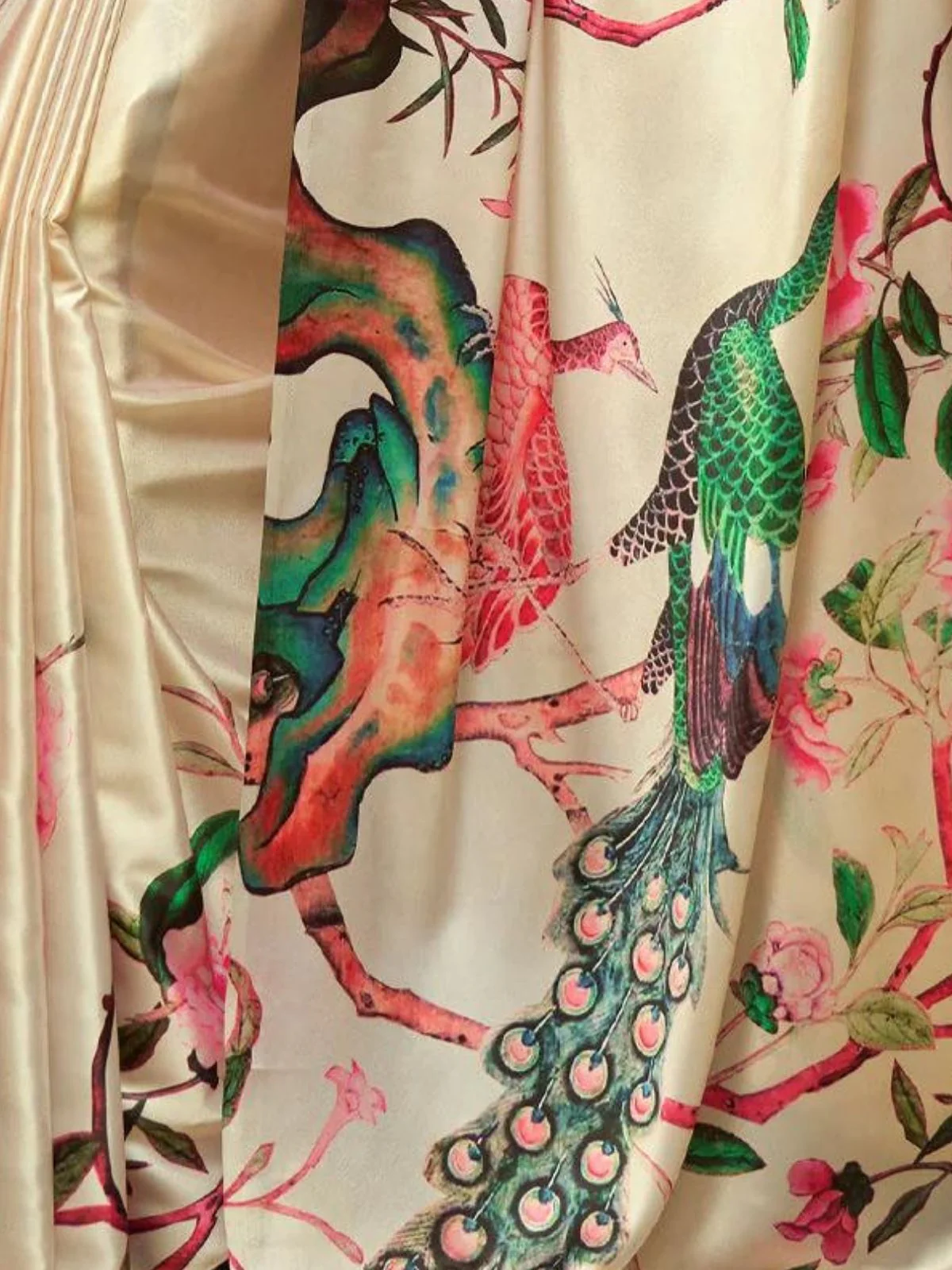 Odette Cream Satin Printed Saree With Unstitched Blouse For Women - Image 4