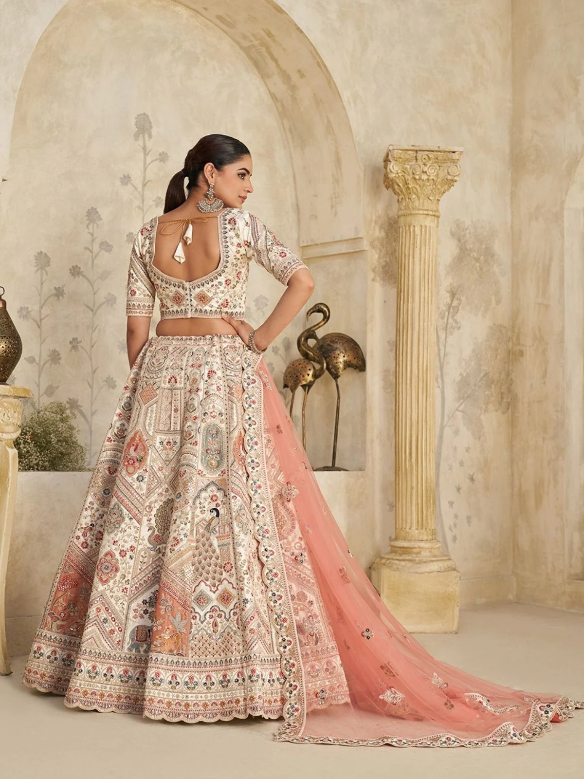 Odette Cream Silk Blend Embroidered Semi-Stitched Lehenga For Women - Image 2