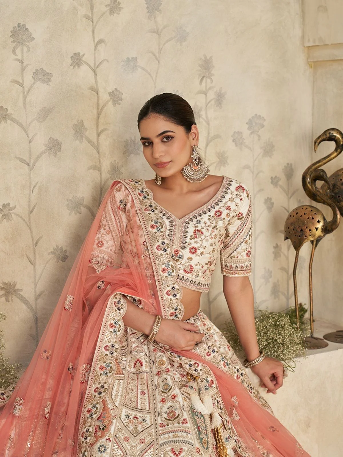 Odette Cream Silk Blend Embroidered Semi-Stitched Lehenga For Women - Image 3