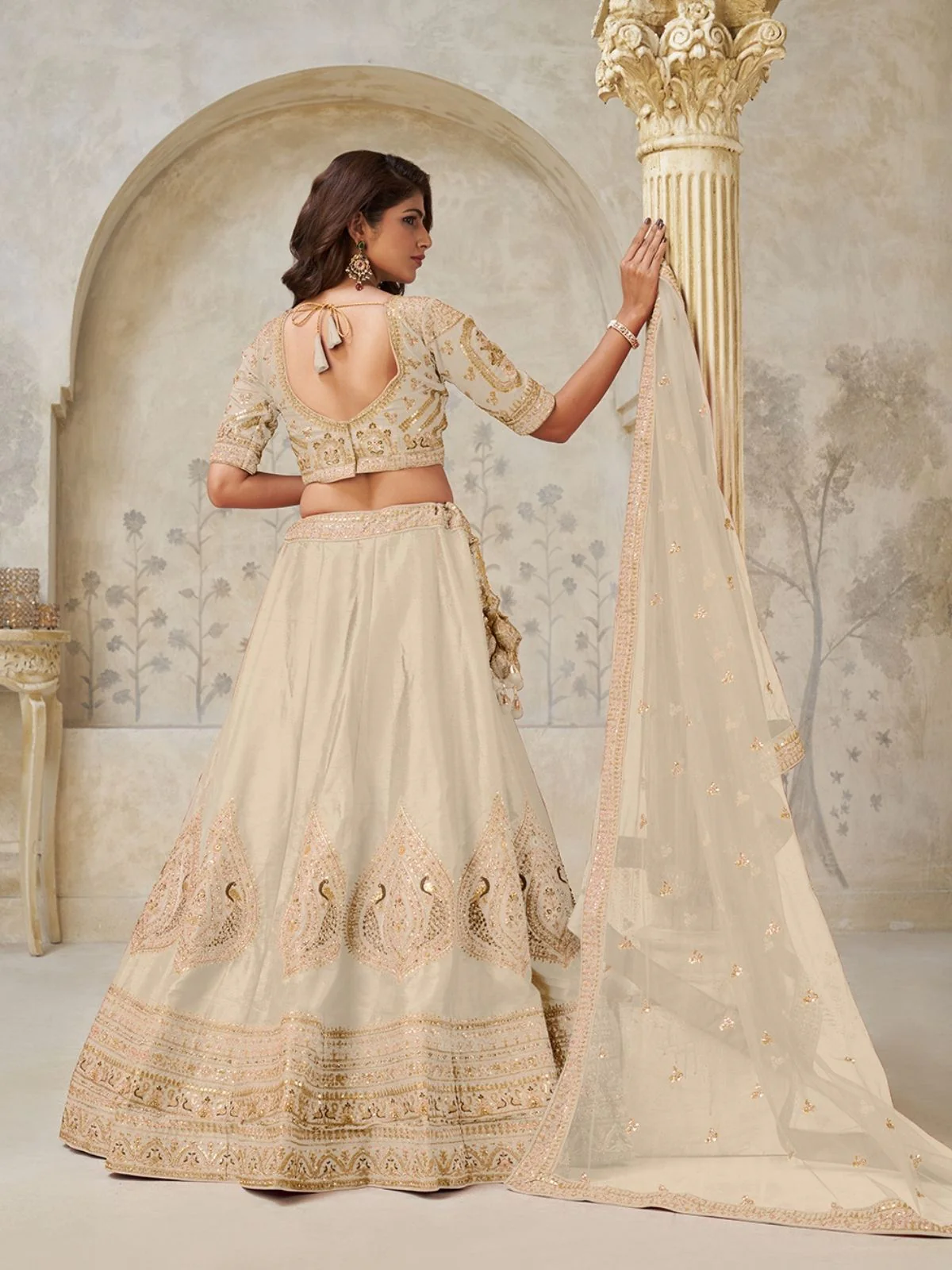Odette Cream Silk Blend Embroidered Semi-Stitched Lehenga For Women - Image 2