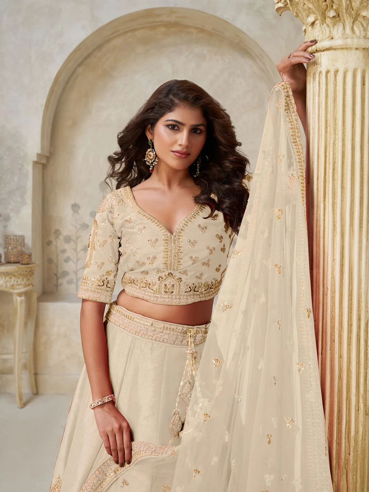 Odette Cream Silk Blend Embroidered Semi-Stitched Lehenga For Women - Image 3