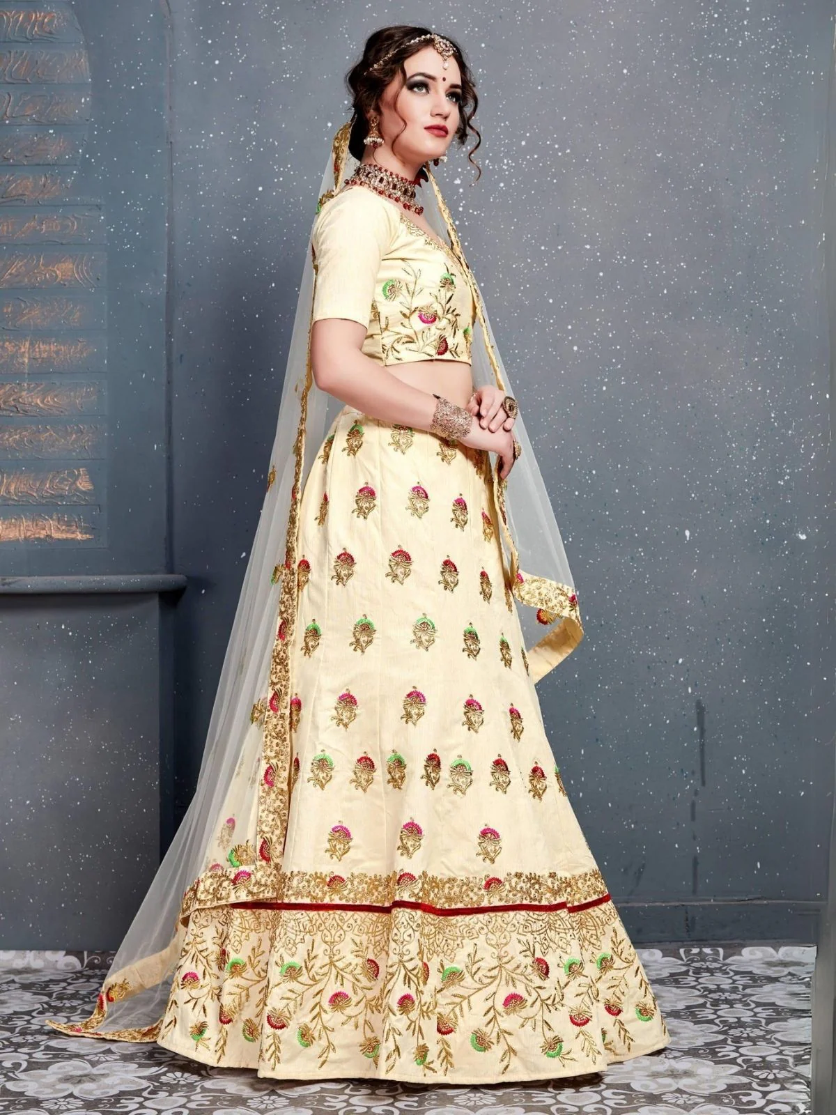 Odette Cream Silk Blend Embroidered Semi Stitched Lehenga With Blouse For Women - Image 2