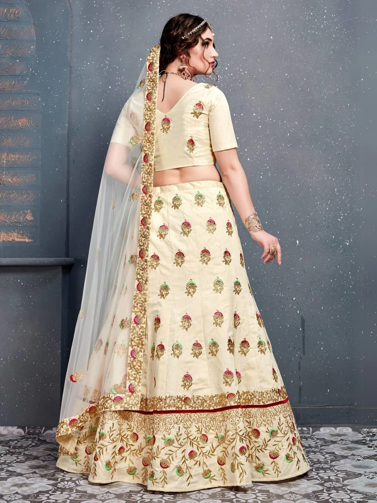 Odette Cream Silk Blend Embroidered Semi Stitched Lehenga With Blouse For Women - Image 3