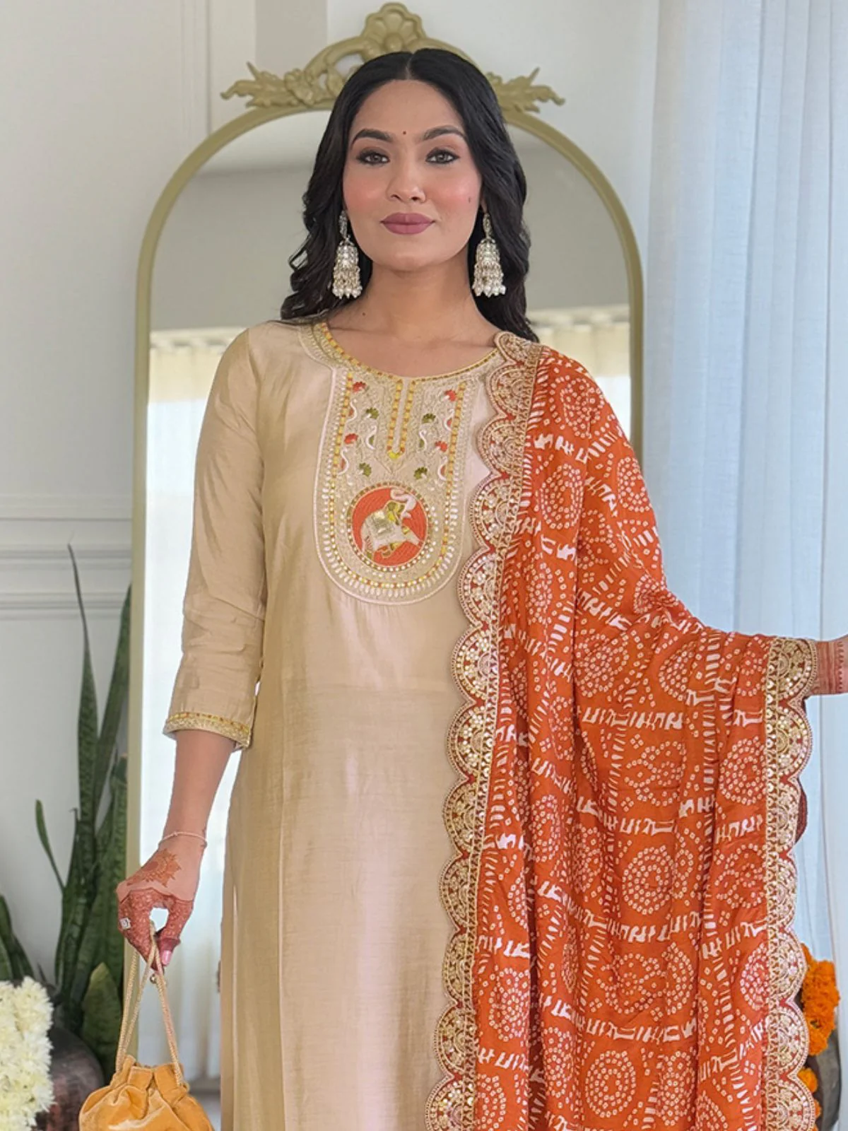 Odette Cream Silk Blend Embroidered Stitched Kurta Set For Women - Image 4