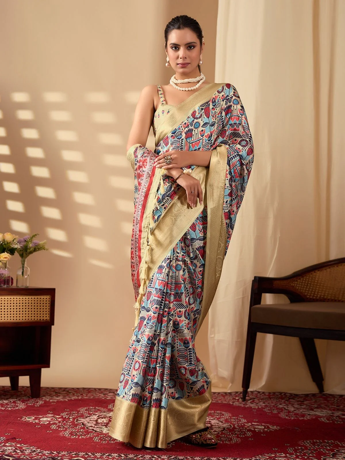 Odette Cream Silk Blend Printed Saree For Women