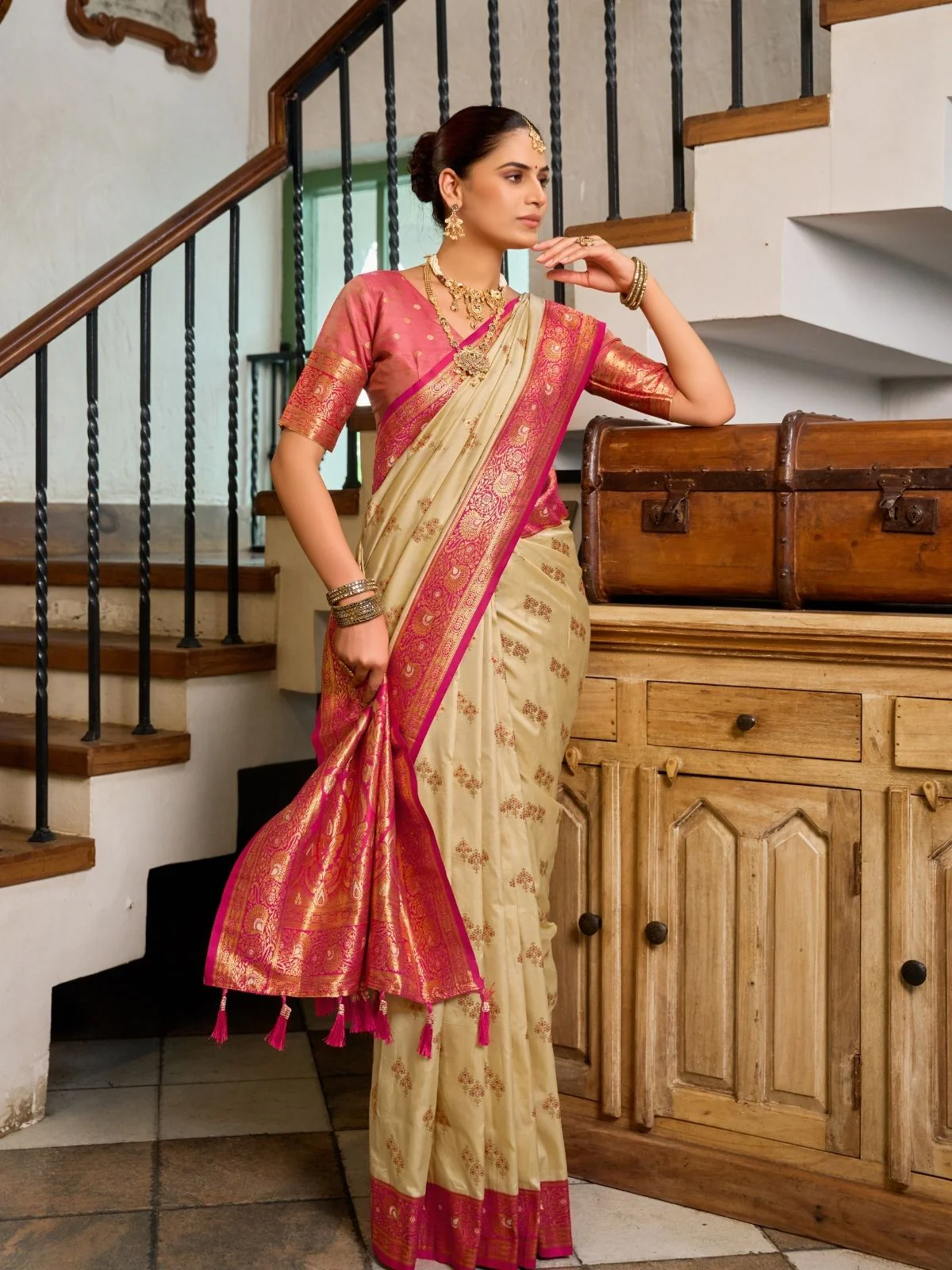Odette Cream Silk Woven Saree For Women