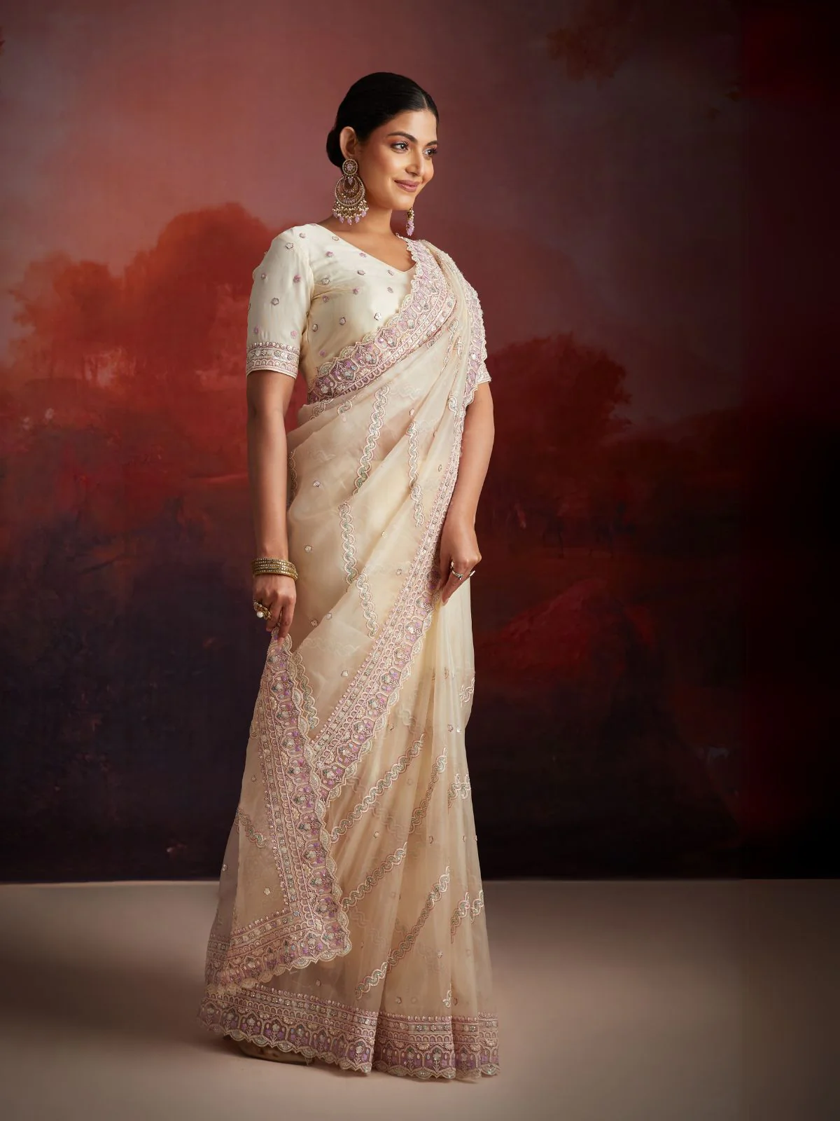Odette Cream Soft Net Embellished Saree For Women - Image 2