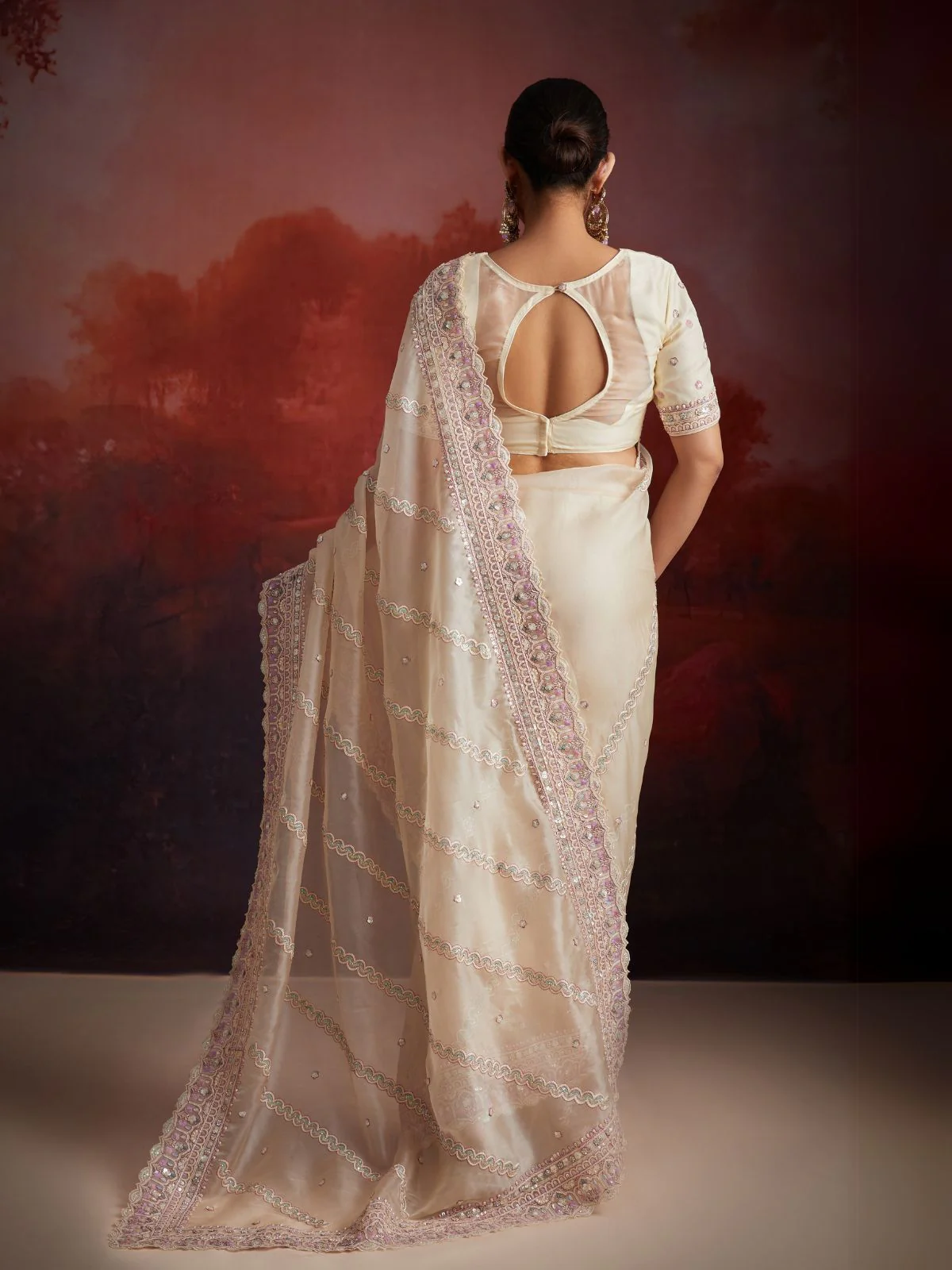 Odette Cream Soft Net Embellished Saree For Women - Image 4