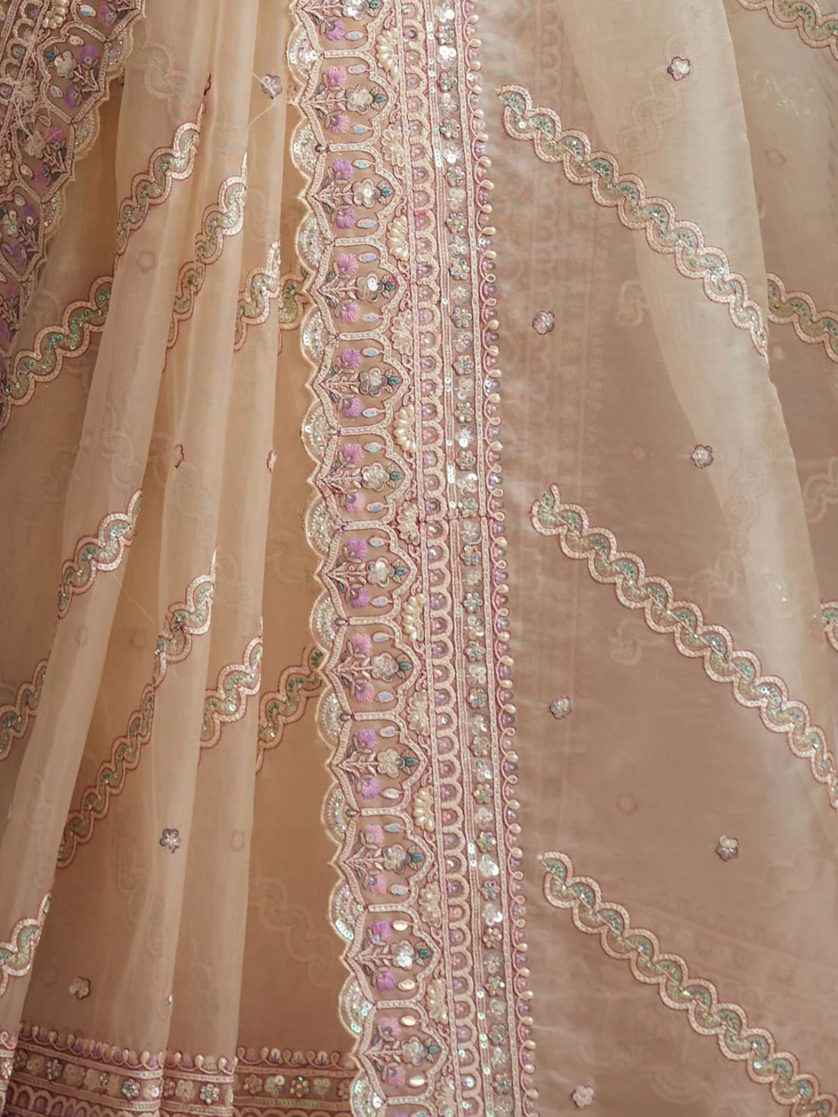 Odette Cream Soft Net Embellished Saree For Women - Image 5