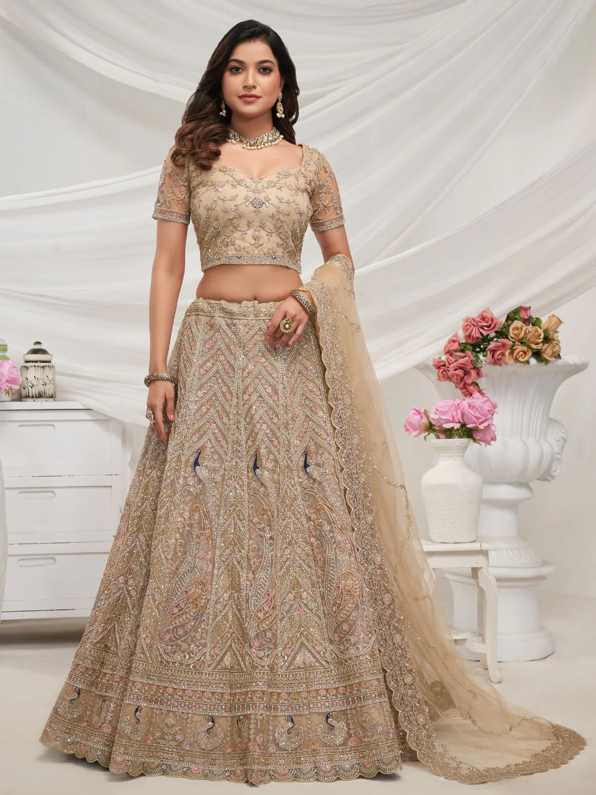 Odette Cream Soft Net Embroidered Semi Stitched Lehenga With Unstitched Blouse For Women - Image 2