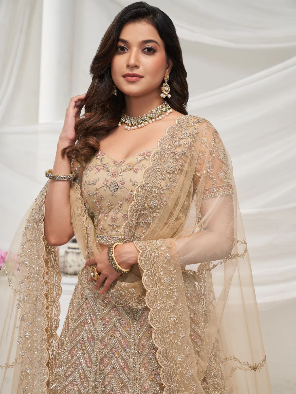Odette Cream Soft Net Embroidered Semi Stitched Lehenga With Unstitched Blouse For Women - Image 3