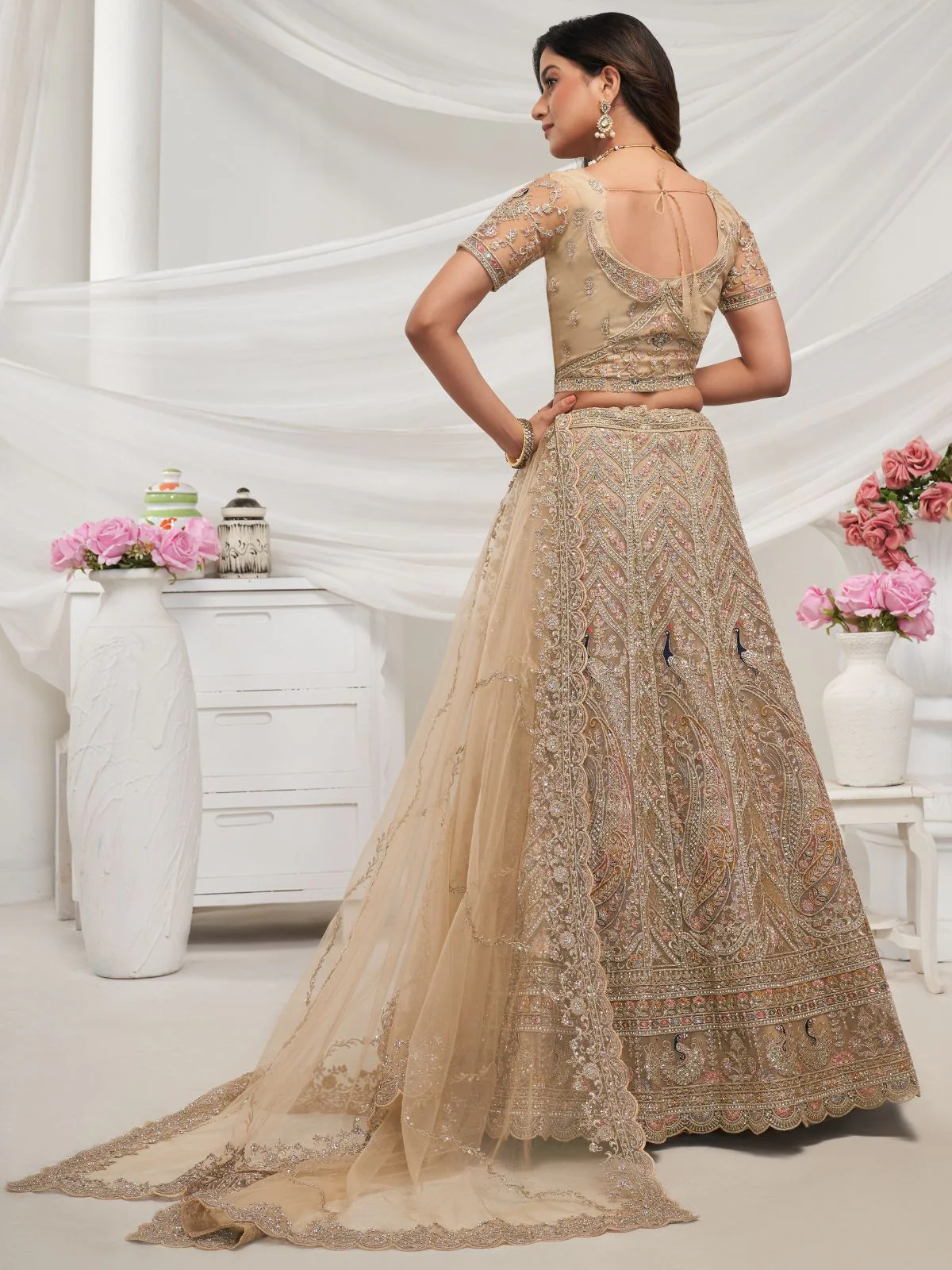 Odette Cream Soft Net Embroidered Semi Stitched Lehenga With Unstitched Blouse For Women - Image 5