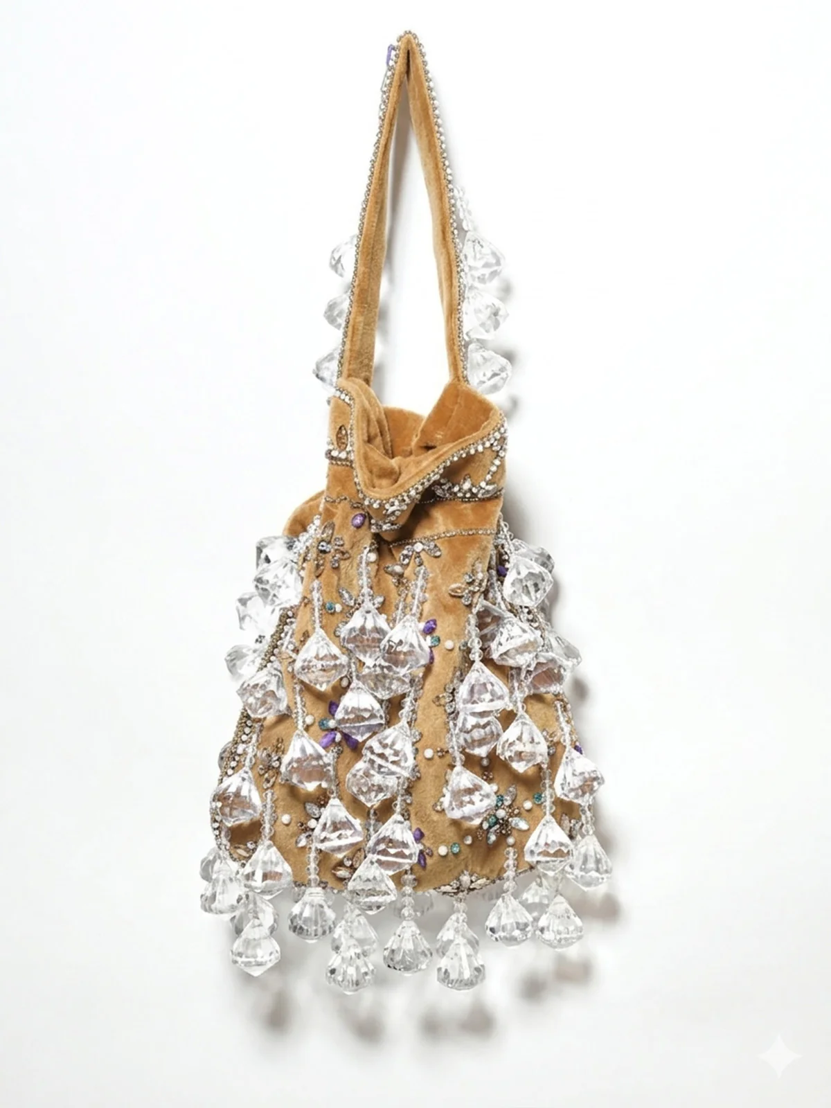 Odette Cream Suede Stone And Pearl Embellished Potli For Women - Image 2